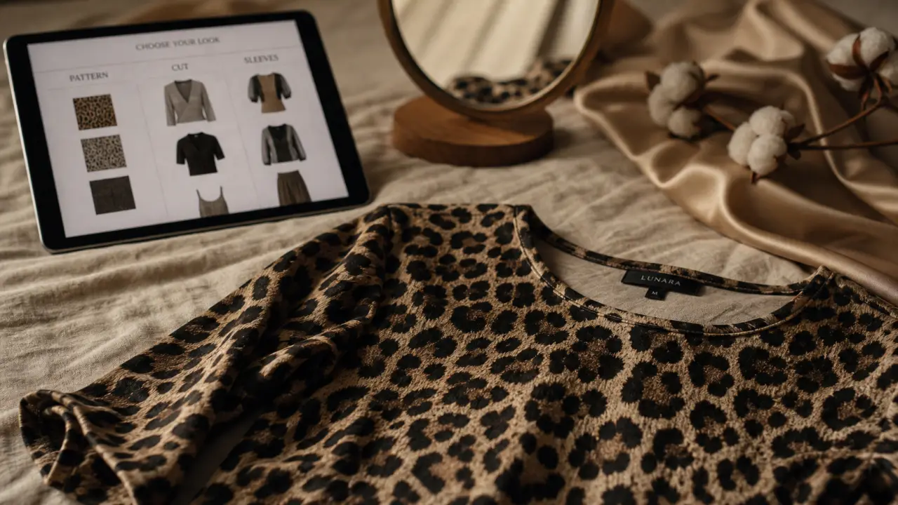 Haut femme leopard sur tissu beige, vue studio