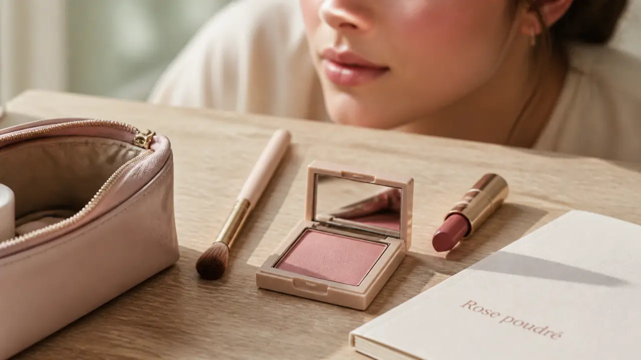 Maquillage mariage rose poudré : teint glow, blush rose et lèvres bois de rose