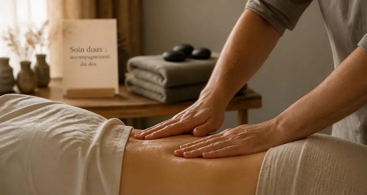 Massage hernie discale : praticien sur le bas du dos, massage doux