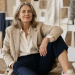 Mode 2026 femme 50 ans : blazer beige et pantalon marine
