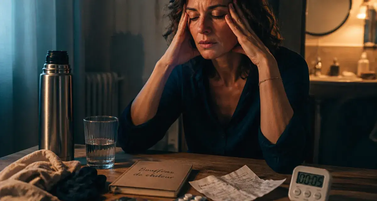 Femme avec nausée, vertige, fatigue et bouffée de chaleur
