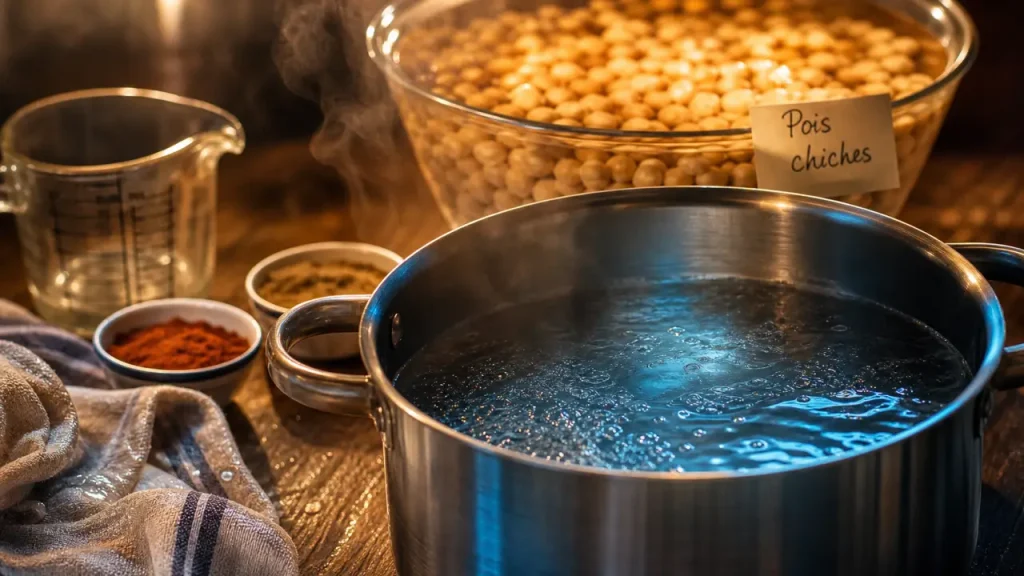 Préparation des pois chiches : trempage de 8 à 12 heures, cuisson sans sel et texture fondante
