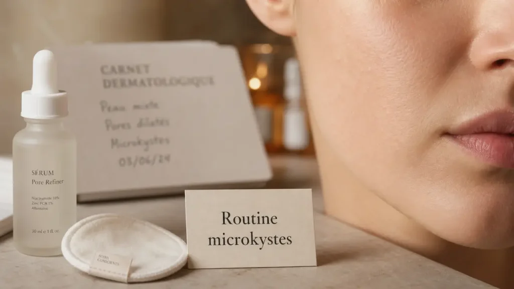 Microkyste du visage adulte : acide azélaïque, rétinoïde léger et gestes à éviter