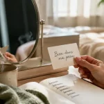 Comment se sentir bien dans sa peau : carte « Bien dans ma peau » devant un miroir