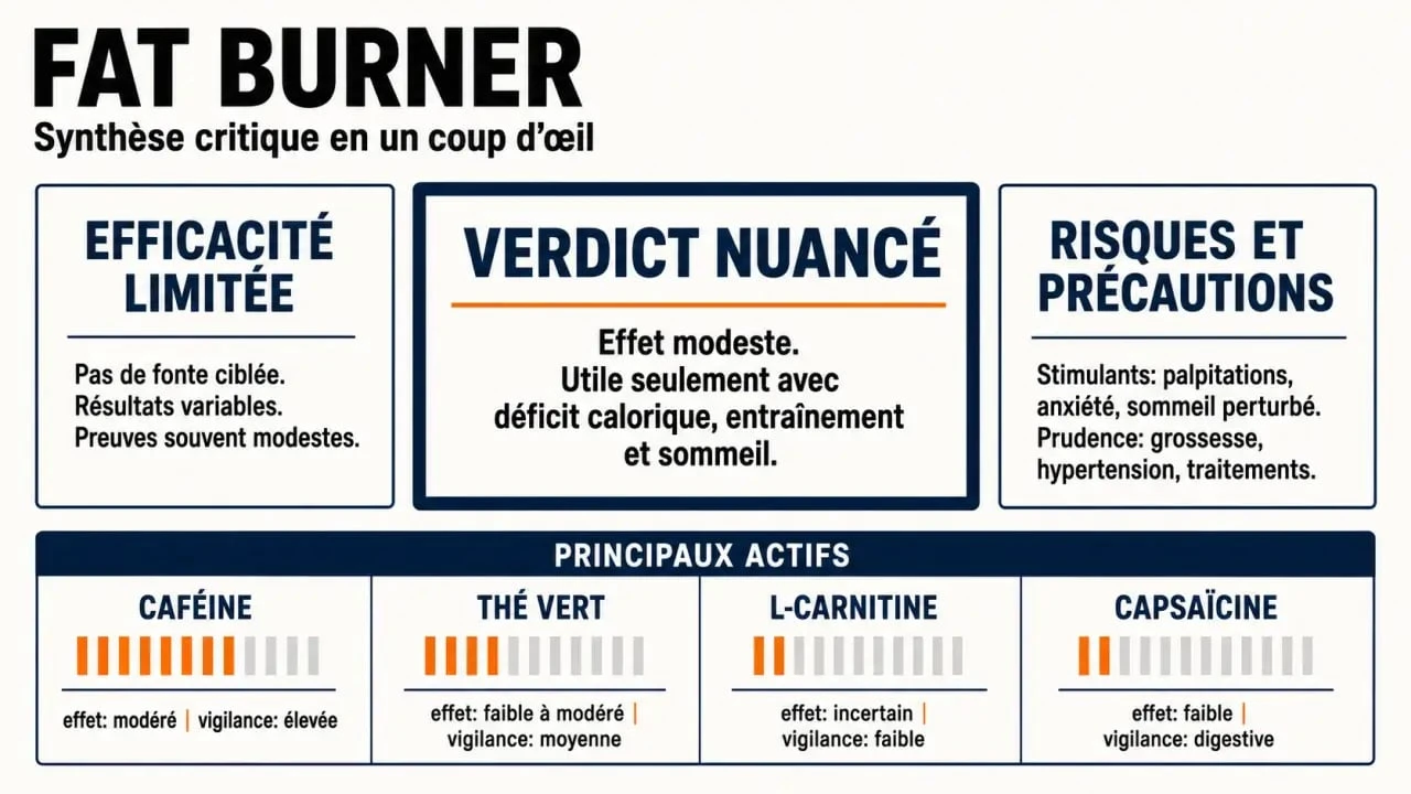 Fat burner avis : synthèse visuelle des actifs courants, des bénéfices possibles, des risques et des précautions