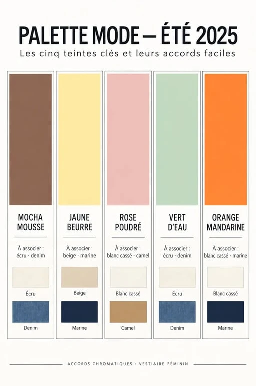 Palette des couleurs tendance de la mode été 2025 femme et associations de tenues