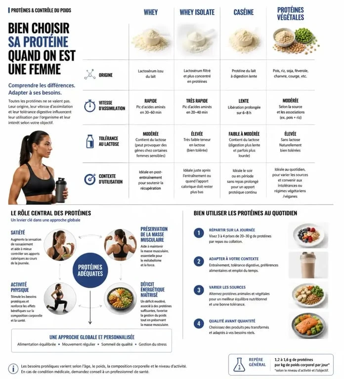 Infographie protéine perte de poids femme comparant whey, caséine et protéines végétales