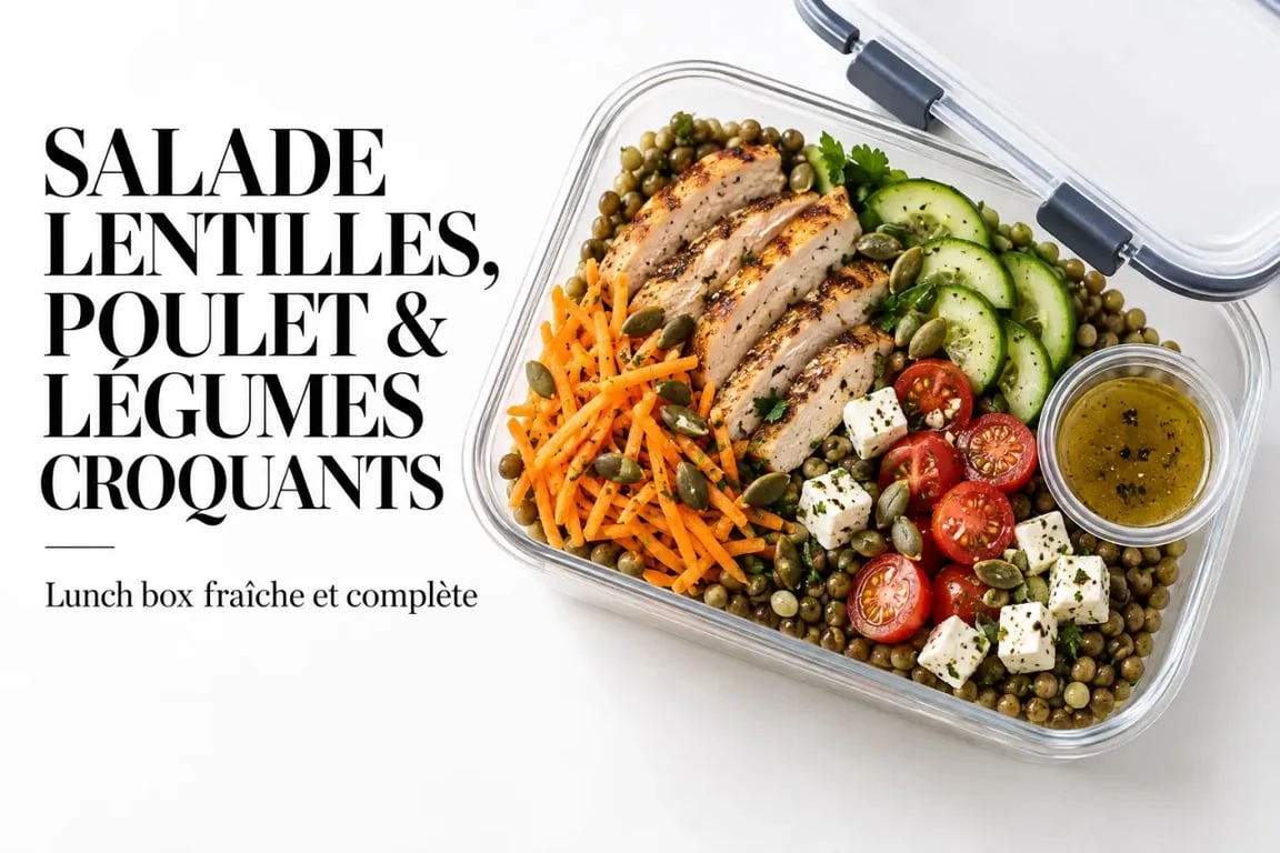 Repas froid à emporter avec salade de lentilles, poulet et légumes croquants