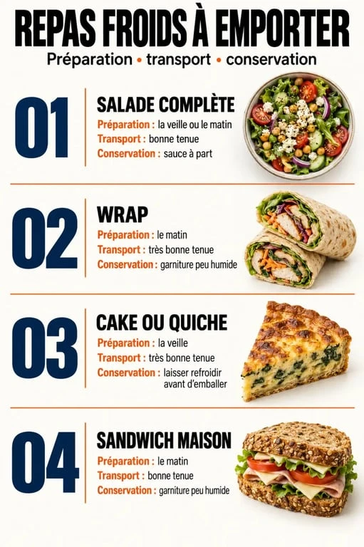 Infographie des formats de repas froids à emporter et de leur tenue au transport