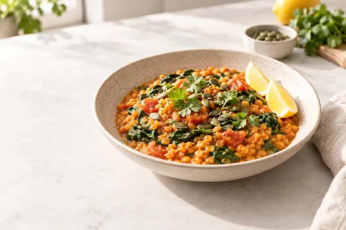 Repas riche en fer : dahl de lentilles corail aux épinards, tomates et citron