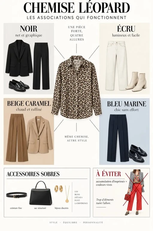 Palette de couleurs et associations pour composer un look chemise léopard harmonieux