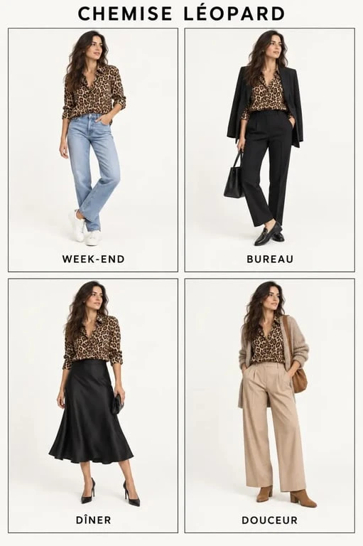 Quatre idées de look chemise léopard pour le week-end, le bureau, le dîner et une tenue beige
