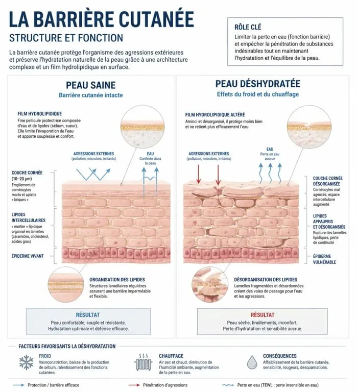Schéma explicatif de la barrière cutanée et de l'impact du froid pour une routine beauté hiver efficace