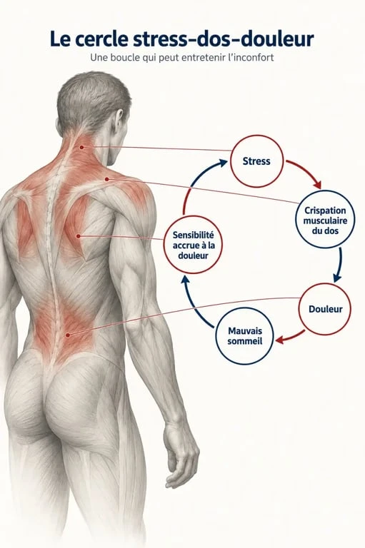 Schéma du stress et mal de dos montrant le cercle entre tension musculaire, douleur et sommeil