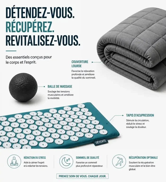 Sélection d'objets de relaxation courants : balle de massage, tapis d'acupression et couverture lestée