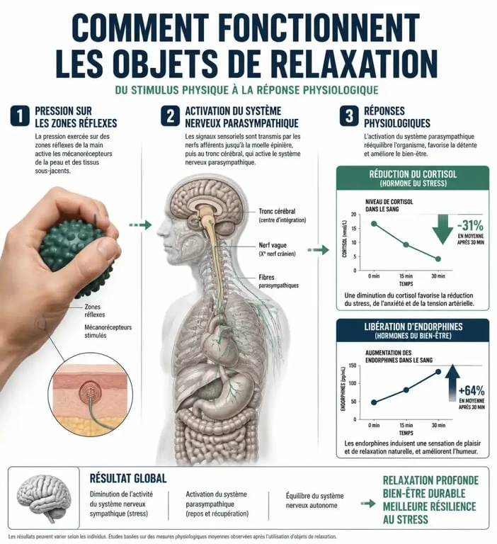Infographie des bienfaits physiologiques d'un objet de relaxation sur le système nerveux