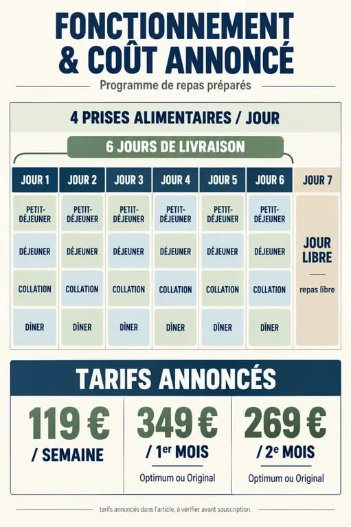Avis Dietbon : infographie sur les repas livrés, la journée libre et les tarifs annoncés