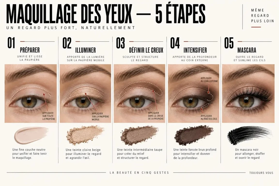 Démonstration maquillage yeux étape par étape avec placement des fards et du mascara