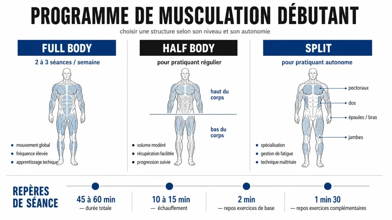 Musculation débutant programme : synthèse visuelle des formats full body, half body et split avec repères de séance