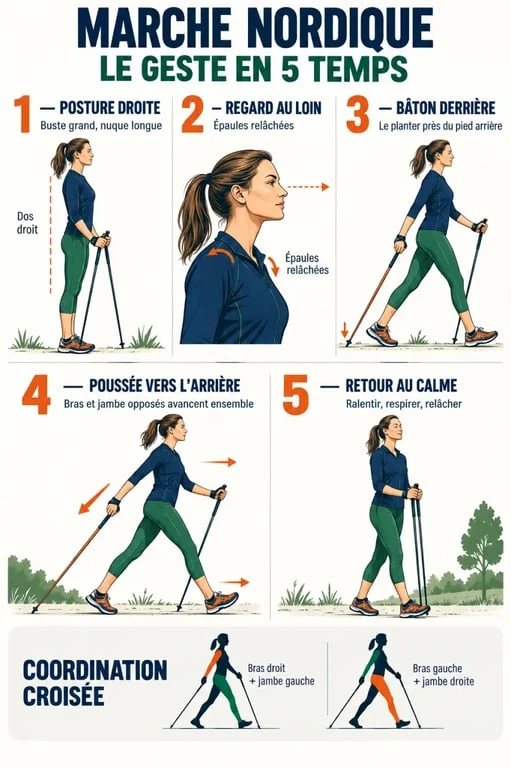 Méthode d'entraînement nordique perte de poids : technique de poussée des bâtons et posture correcte