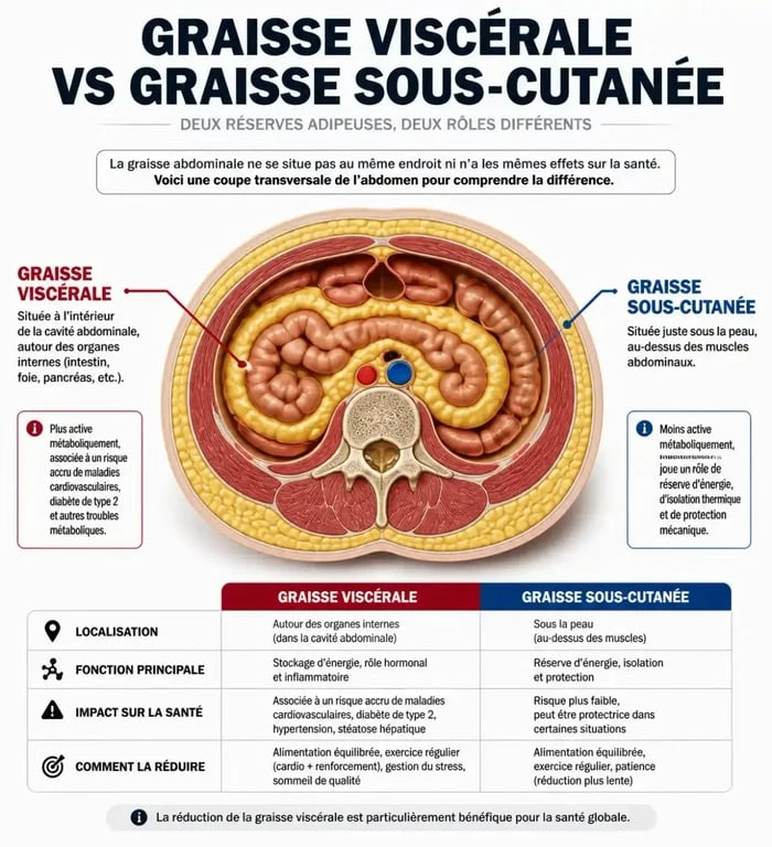 Schéma comparatif entre graisse viscérale et graisse sous-cutanée chez l'homme gros ventre