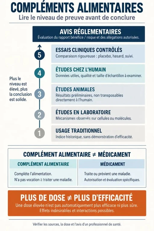 Avis compléments alimentaires : hiérarchie des preuves et différence entre complément alimentaire et médicament