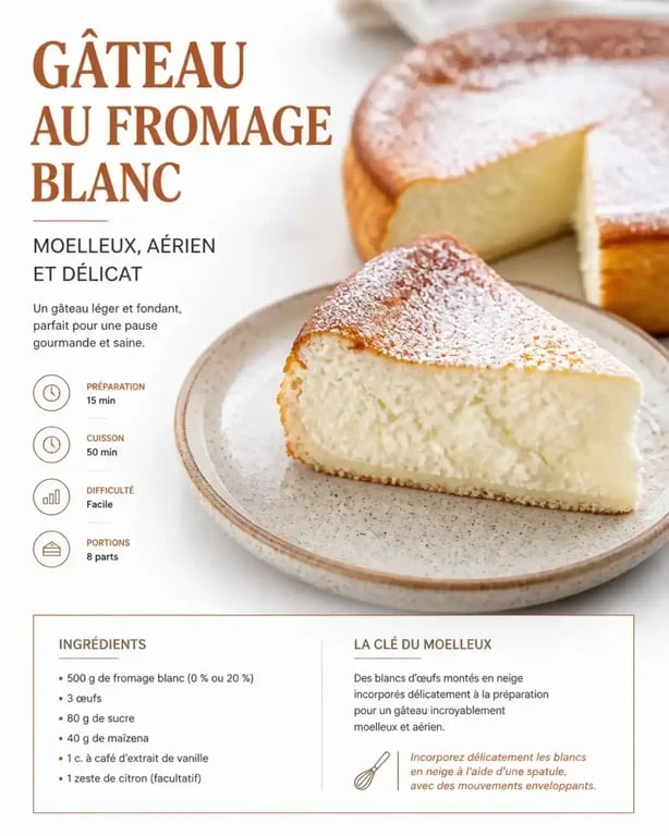 Gâteau au fromage blanc moelleux et aérien servi sur une assiette