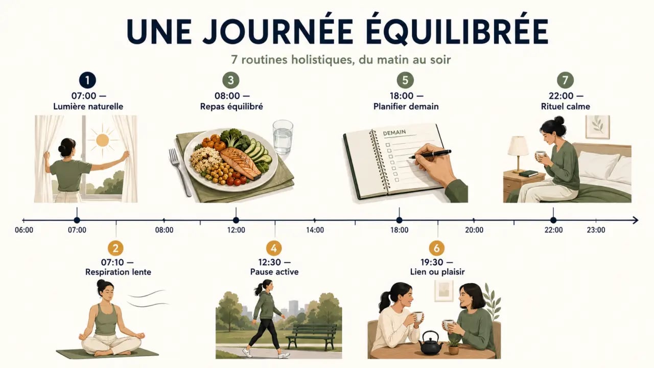 7 routines holistiques pour retrouver énergie, sommeil et équilibre au quotidien, illustrées sur une journée
