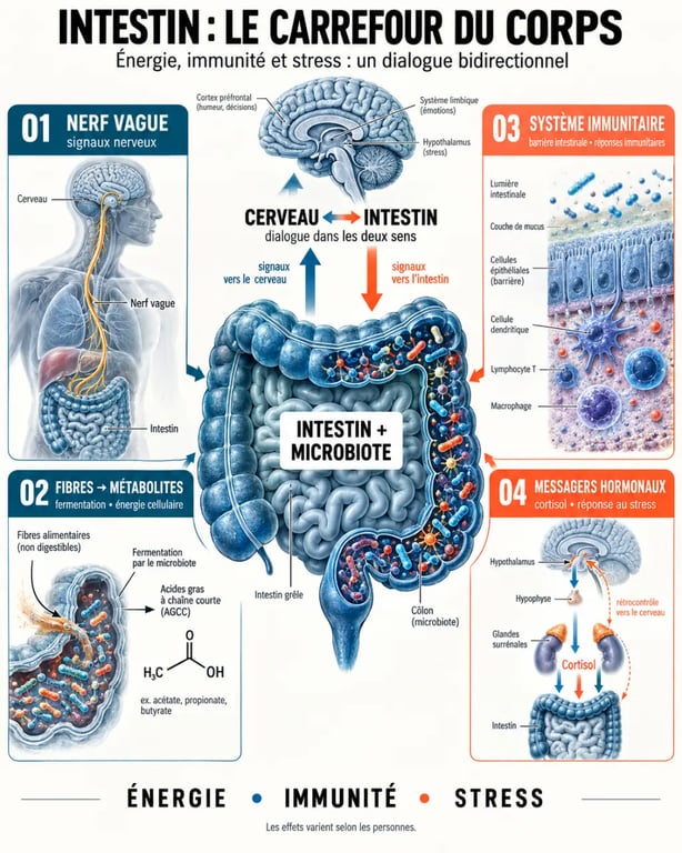 Infographie sur la santé holistique : pourquoi l’intestin influence l’énergie, l’immunité et le stress