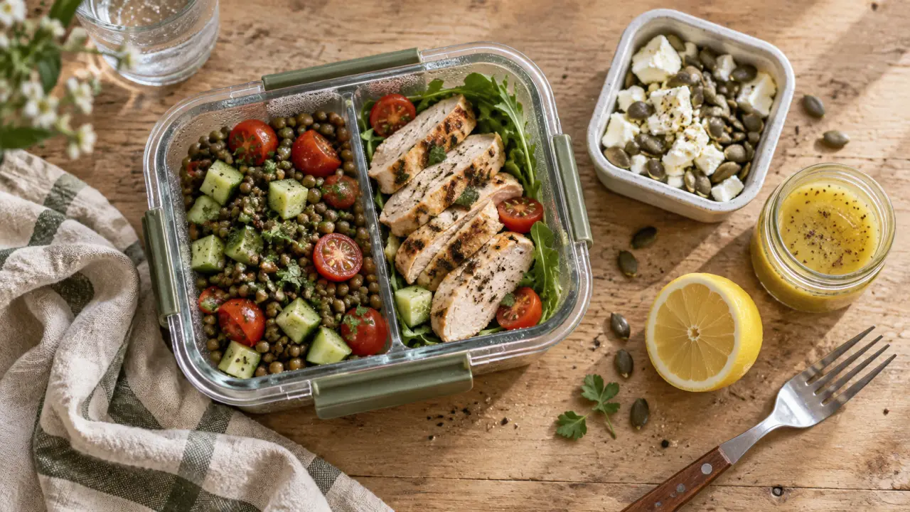 Idées repas froids à emporter : lunch box salade lentilles et poulet, frais jusqu’à midi