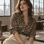 Look chemise leopard équilibrant la silhouette, beige et noir, tenue de style