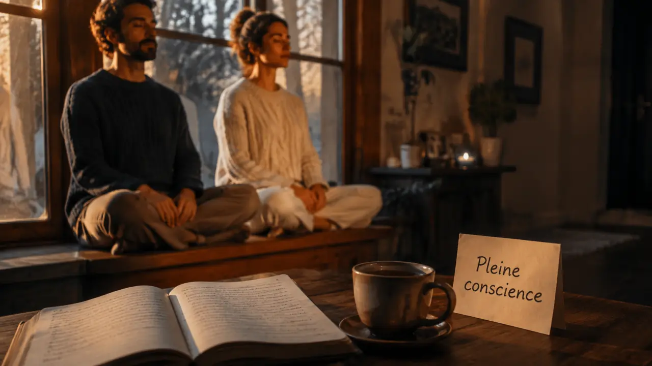 Pleine conscience exercices pour calmer le stress et revenir au présent, respiration consciente.