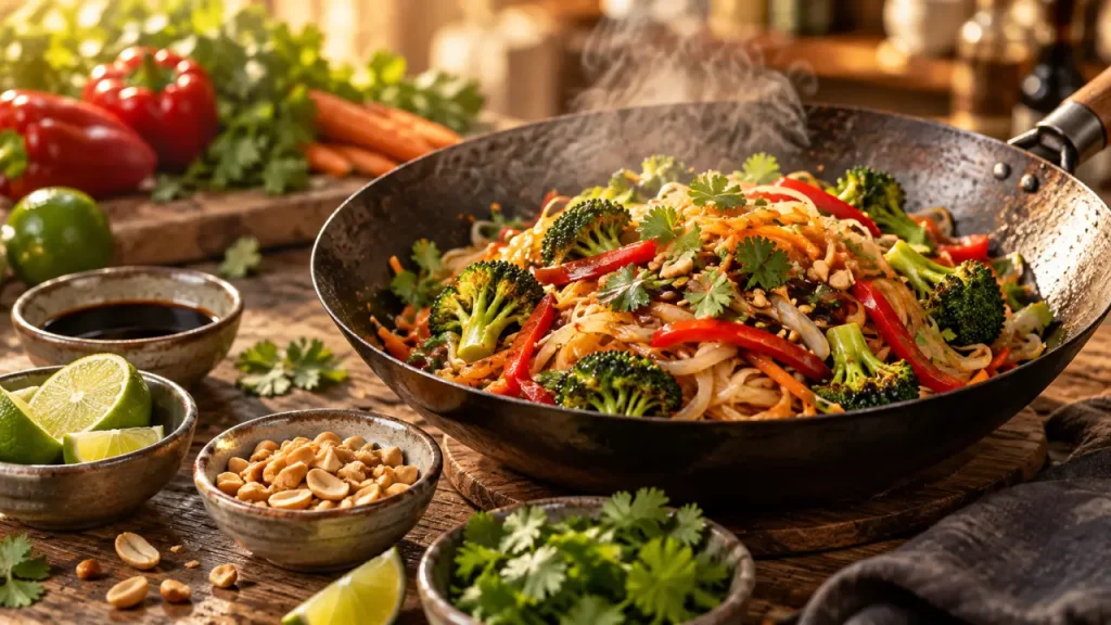 Le pad thaï vegan et sans gluten se prépare en 30 minutes, avec des légumes croquants