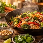 Recette vegan et sans gluten : pad thaï aux légumes croquants dans un wok fumant
