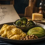 Régime keto menu : assiette d’aliments autorisés, œufs et avocat