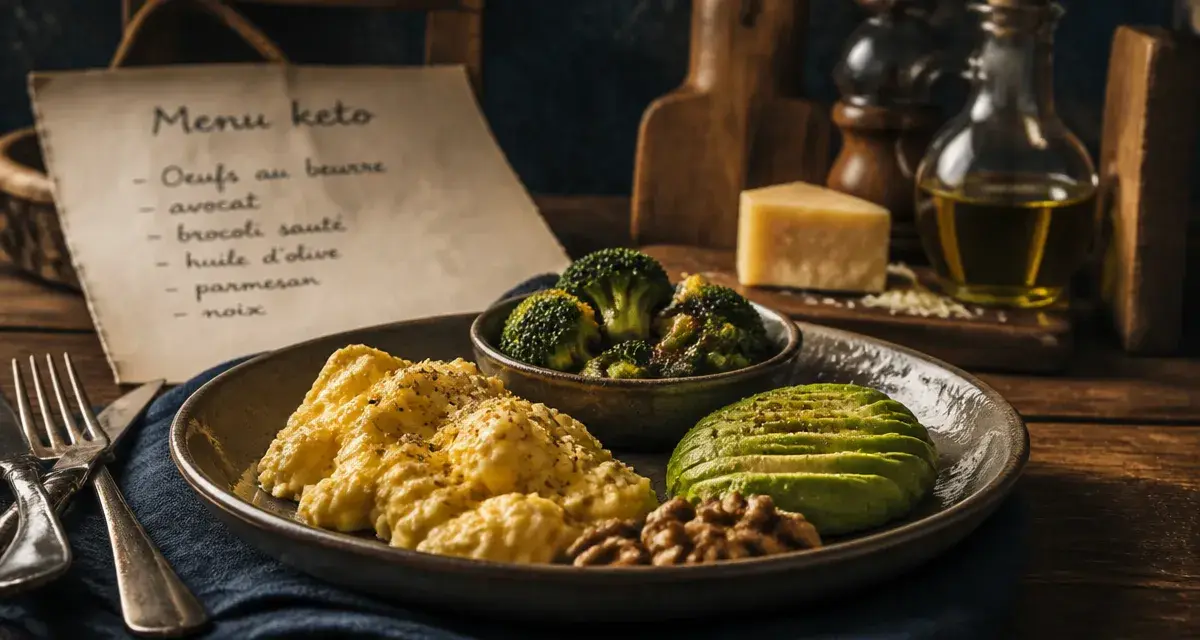 Régime keto menu : assiette d’aliments autorisés, œufs et avocat