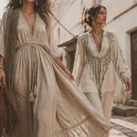 Vêtement boheme femme : robe longue en lin et gilet ajouré en ruelle pavée