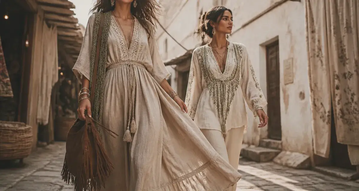 Vêtement boheme femme : robe longue en lin et gilet ajouré en ruelle pavée