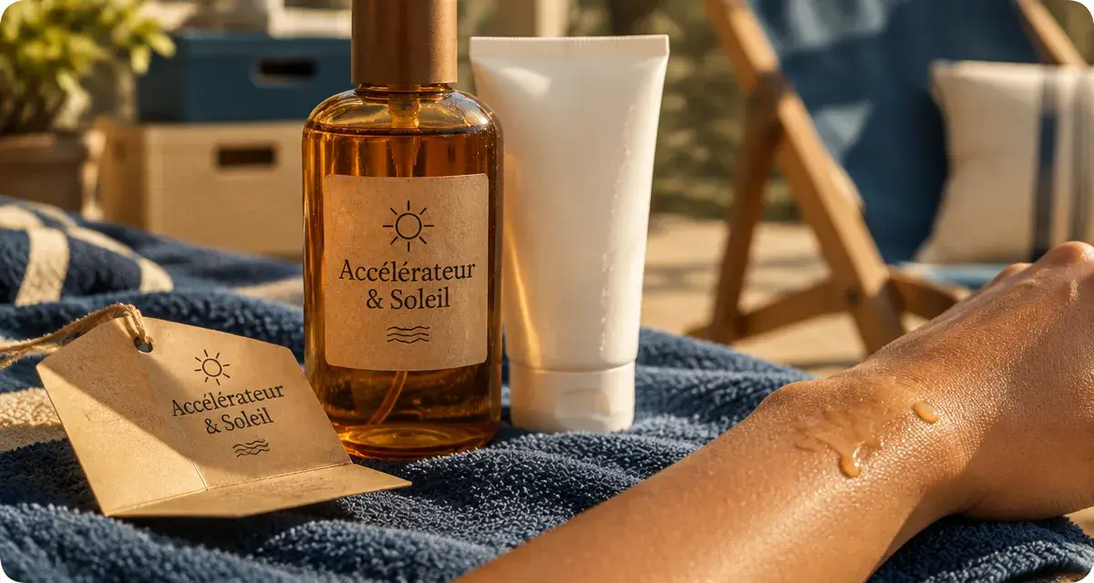 Accélérateur de bronzage puissant : crème solaire et soleil, flacon en studio
