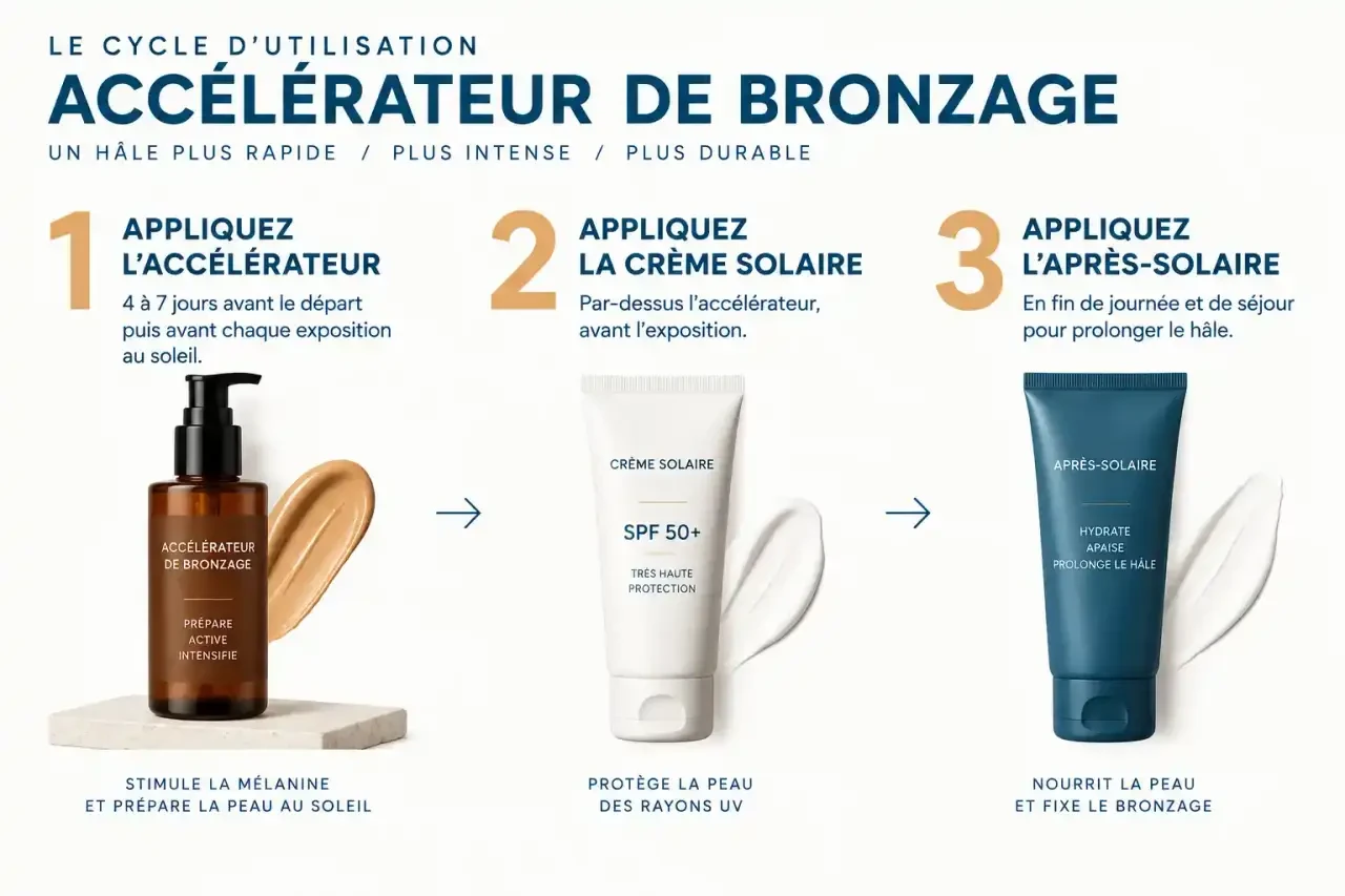 Schéma du cycle d'utilisation d'un accélérateur de bronzage puissant : application avant exposition, crème solaire par-dessus, puis après-solaire