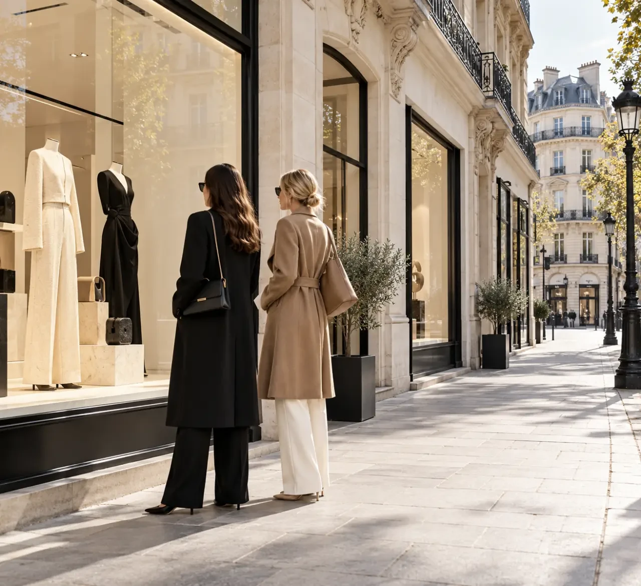 Mode femme Paris dans une rue commerçante du Haut-Marais avec des boutiques de créateurs