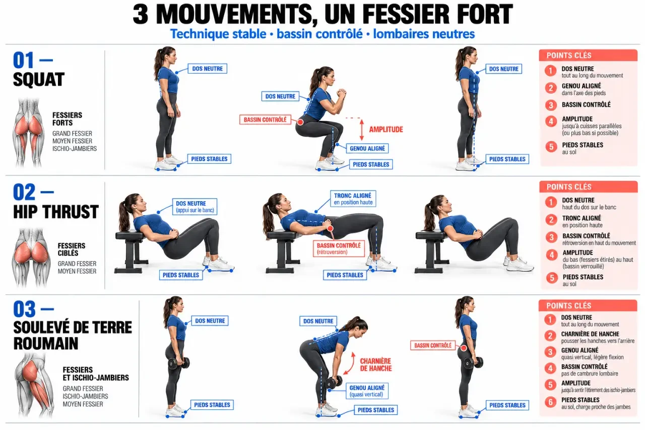 Fessier musclé femme : squat, hip thrust et soulevé de terre roumain avec repères de technique