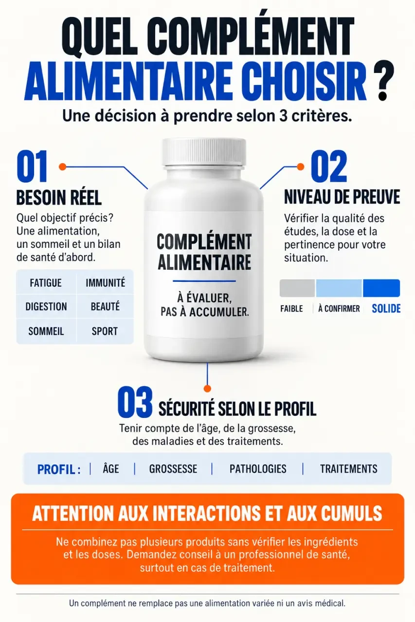 Infographie pour comprendre quel complément alimentaire choisir selon le besoin, les preuves et les précautions