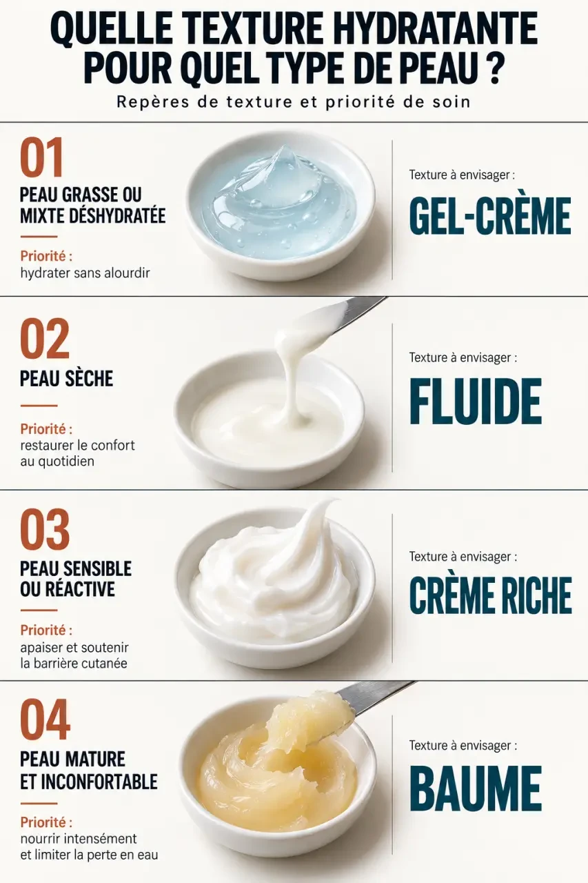 Tableau visuel pour choisir un soin hydratant visage selon le type de peau et la texture