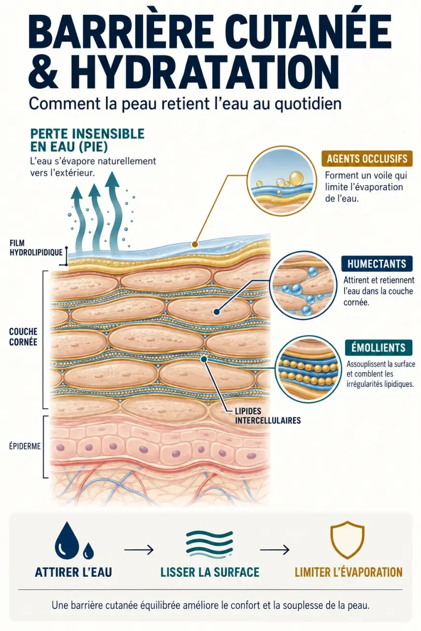 Infographie sur le soin hydratant visage, la barrière cutanée et la perte en eau