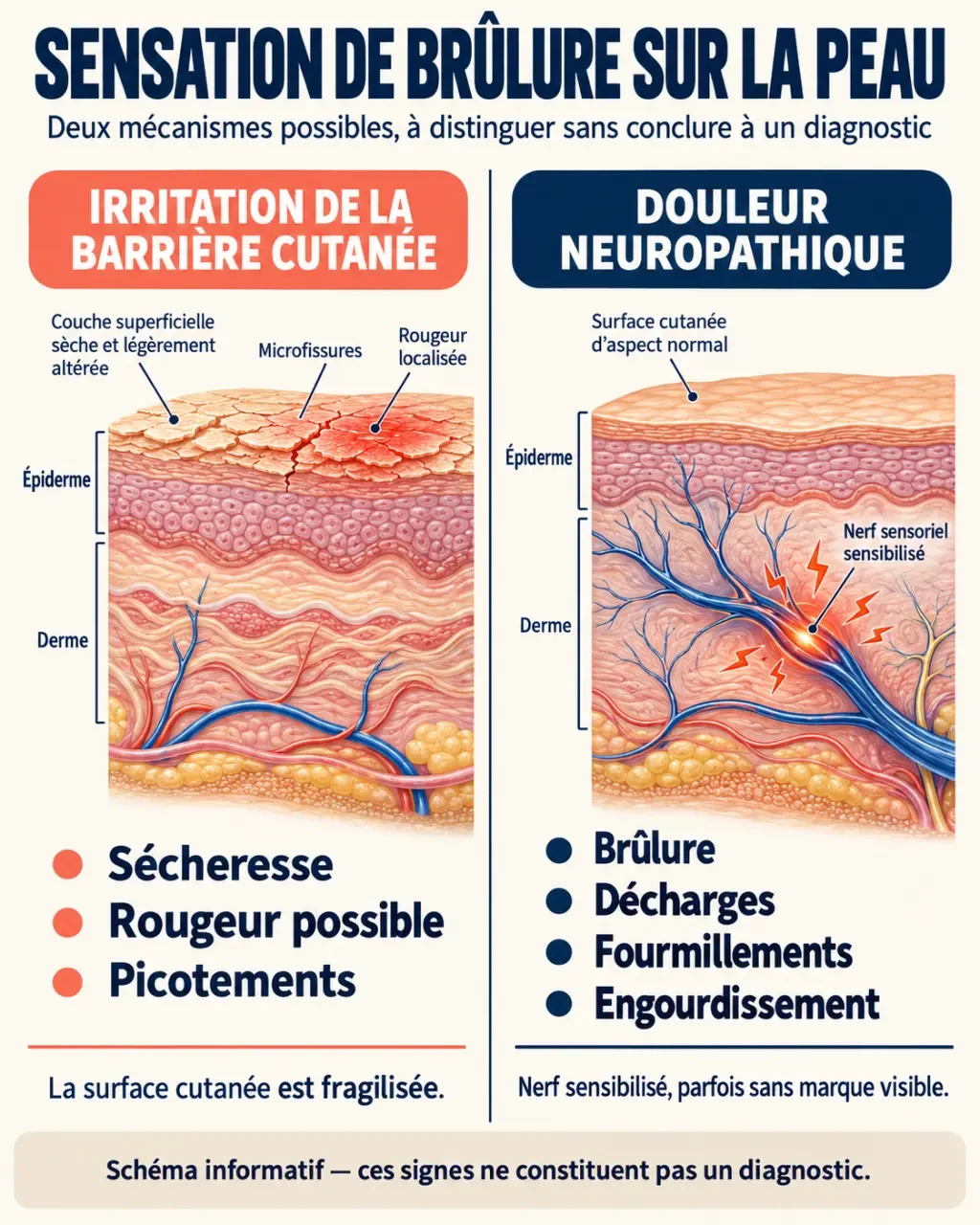 Sensation brûlure peau : distinction entre irritation cutanée et douleur neuropathique