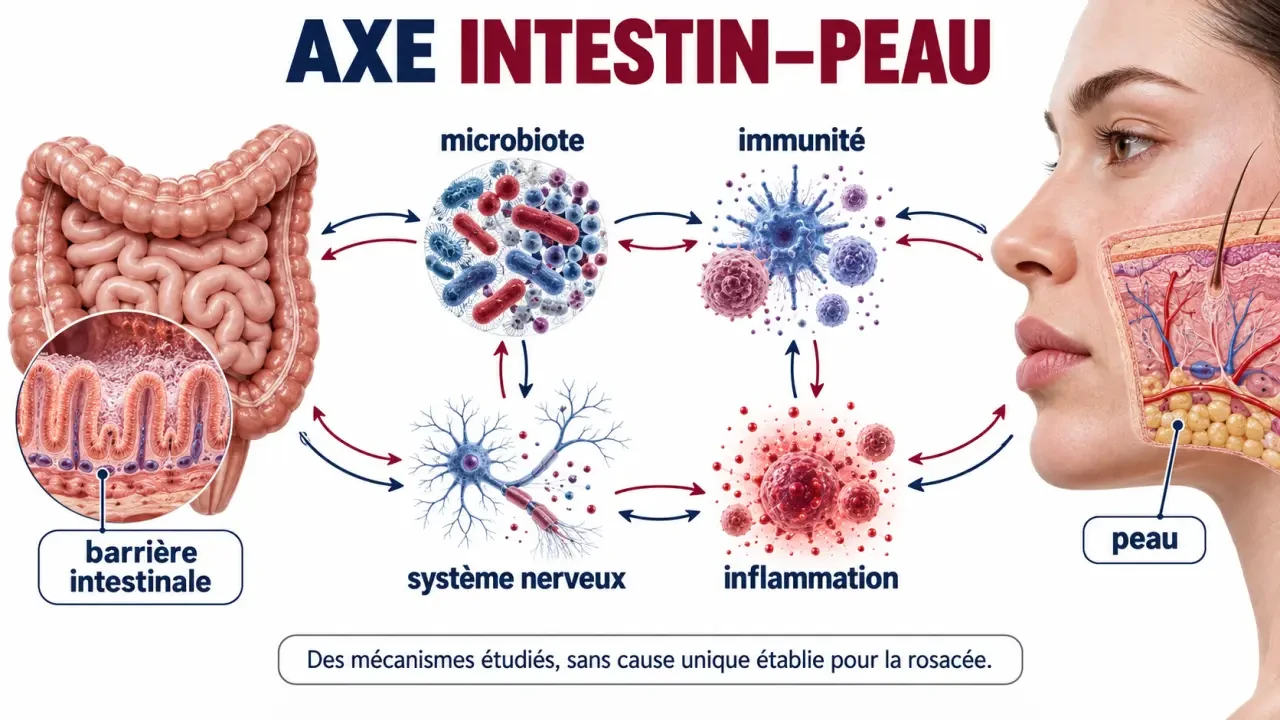 Schéma de l’axe intestin-peau et du lien étudié entre rosacée et intestin