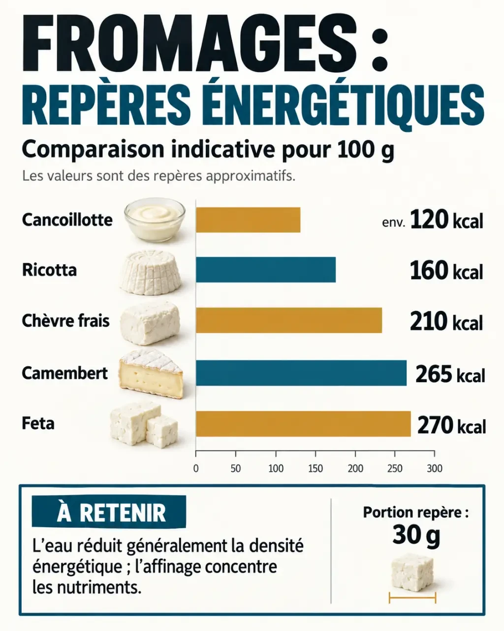Infographie comparative sur le fromage peu calorique et les calories par portion