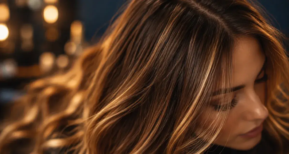 Meche miel et caramel sur cheveux châtain-brun, sans effet zébré