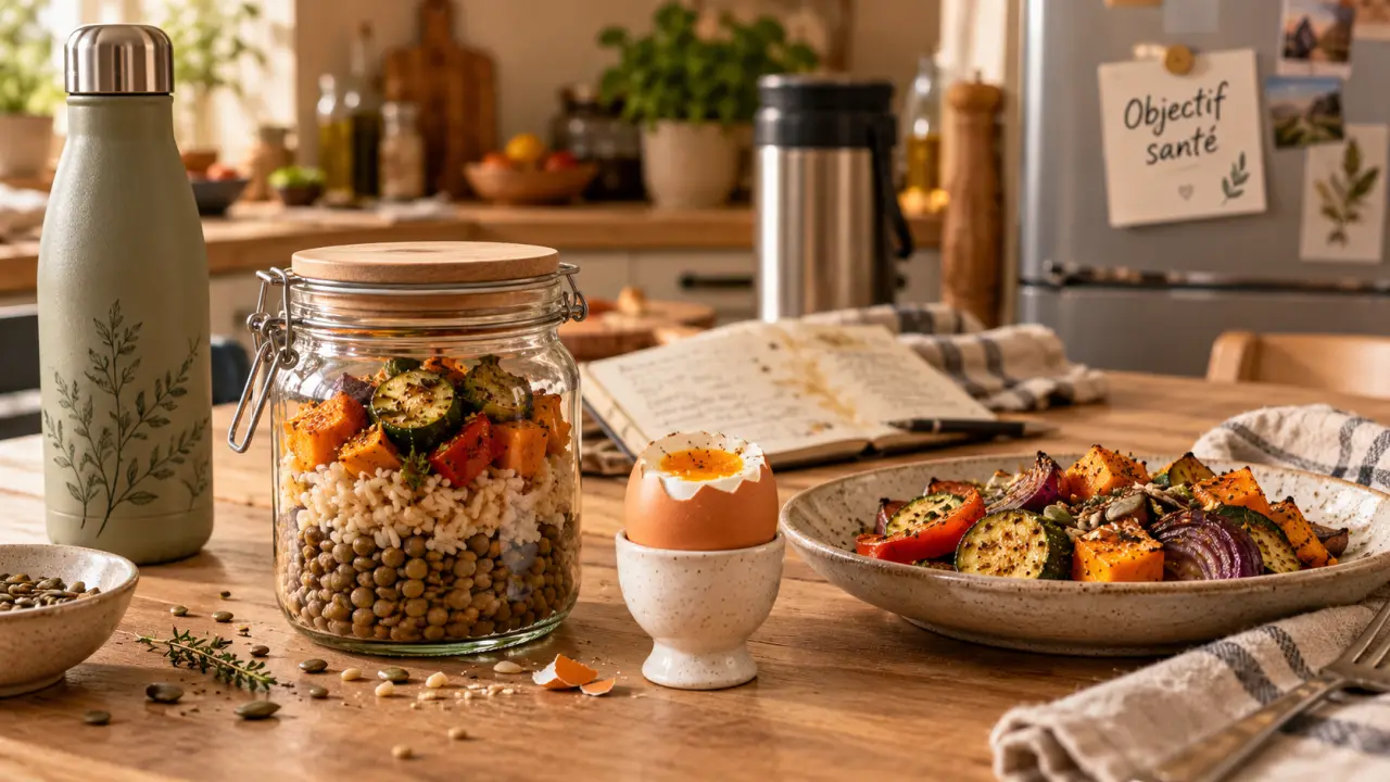 Programe perte de poids : repas sain en bocal, légumes et eau, sans régime strict